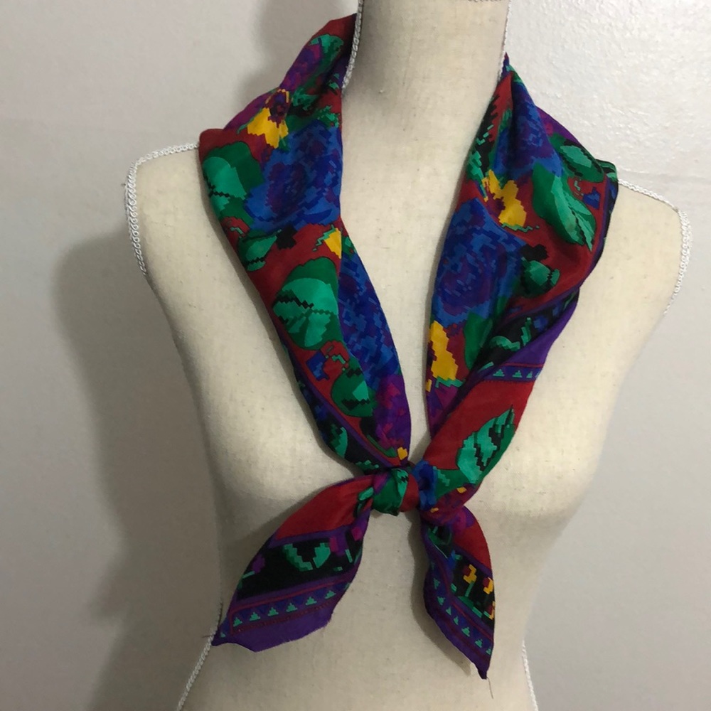 Delicate vibrant silk-like Scarf 31” x31”.